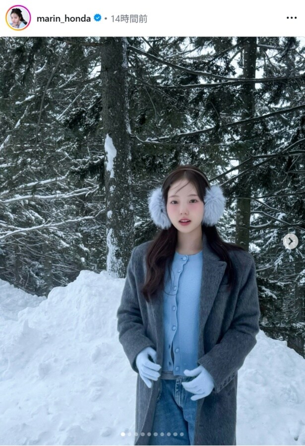 【写真】本田真凜、冬の北海道でファー耳当て姿