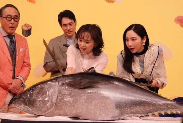 永作博美が巨大本マグロの頭を落とすべく奮闘