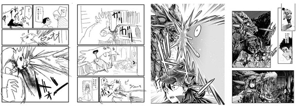 ※左がラフ版で右が商業版。うめ丸先生の聖堂やドラゴンゾンビの描き込みが凄い