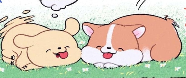 お散歩中に出会った“ドッグ”と“コーギーくん”…近況を話している姿に「平和すぎる2匹」の声【漫画】