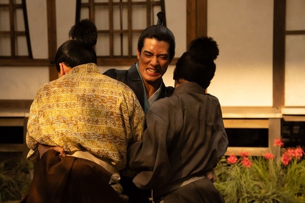 藤吉郎(池松壮亮)と小一郎(仲野太賀)は長政(中島歩)と相撲をとる