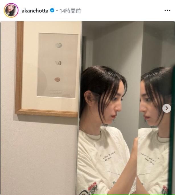 【写真】堀田茜、ラフなTシャツ×まとめ髪の大人な雰囲気のショット