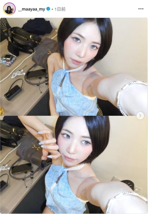 【写真】NiziU・MAYA、カラコン×肩出しトップスの“青”で統一された装い