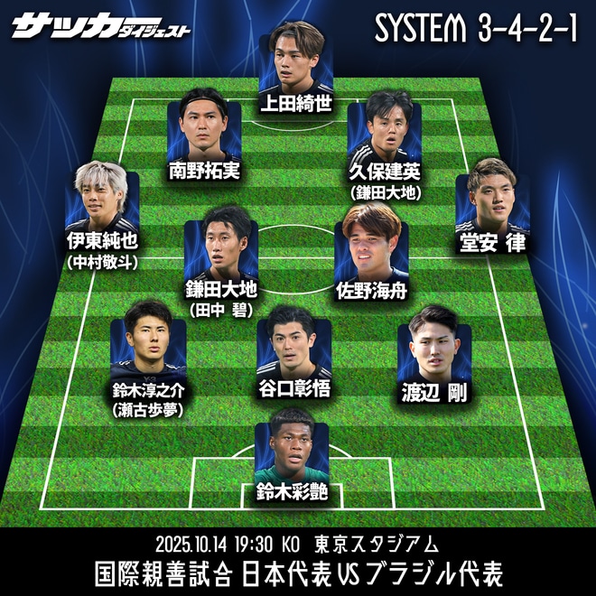 【日本代表のブラジル戦スタメン予想】パラグアイ戦から４人を変更と予測。34歳DFが１年ぶりの出場か。久保がベンチスタートなら２列目はどうなる？