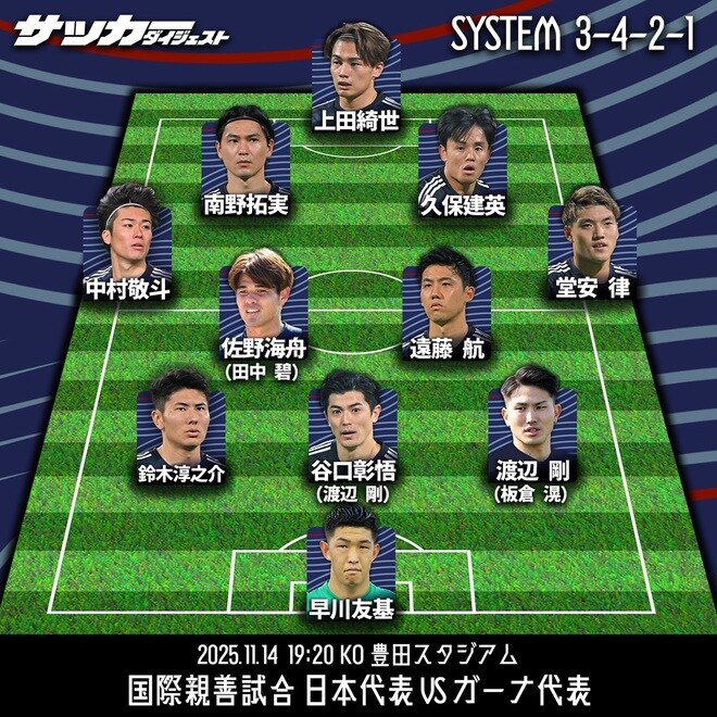 【日本代表のガーナ戦スタメン予想】鎌田欠場でボランチは遠藤＆佐野か。三笘と伊東不在の両WBは？ “緊急事態”に森保監督が起用を示唆したのは…