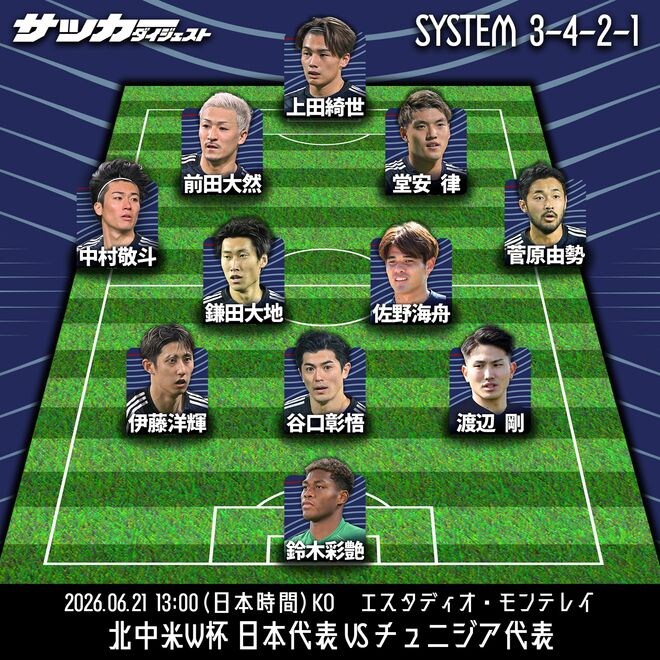 【日本代表のチュニジア戦予想スタメン】久保不在の右シャドーは堂安を起用か!注目の左シャドーは韋駄天アタッカーと24歳のMFで迷ったが…