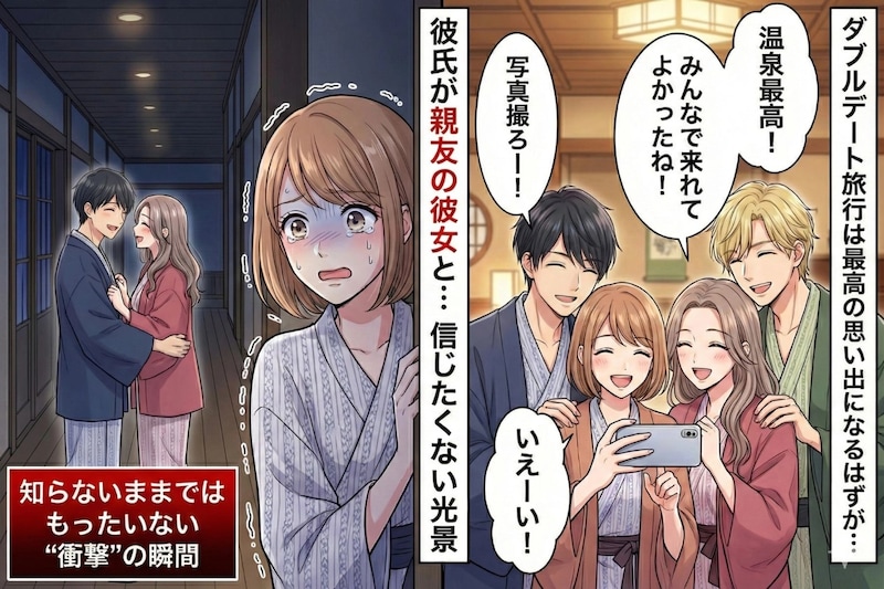 親友カップルとの旅行中に彼氏が「トイレ行ってくる」→30分戻らないので探しに行ったら、親友の彼女と…