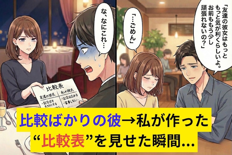 「俺の友達の彼女はもっと○○だよ」比較ばかりの彼→私が作った“比較表”を見せた瞬間、彼が大号泣したワケ