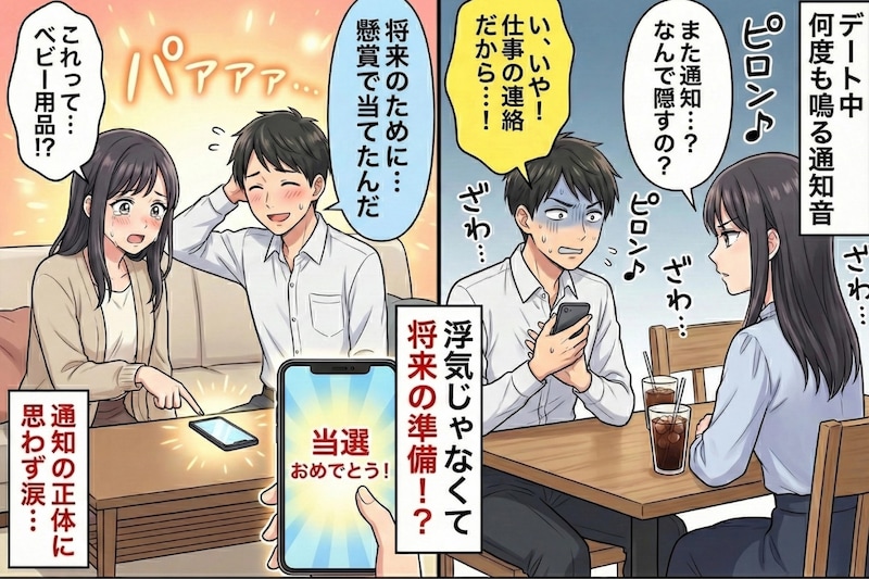 デート中、何度も鳴る彼のスマホ→通知を隠す怪しい仕草に浮気を疑い、理由を確かめた結果