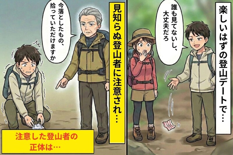 登山中にゴミをポイ捨てした彼氏に注意した登山者は、彼の会社の取引先の社長だった