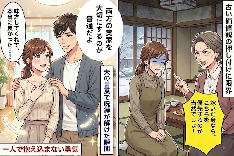 義母「嫁いだ身なら、こっちを優先するのが当たり前でしょ」実家より義実家を優先するよう迫られて…戸惑う私に、夫が言い返したある一言