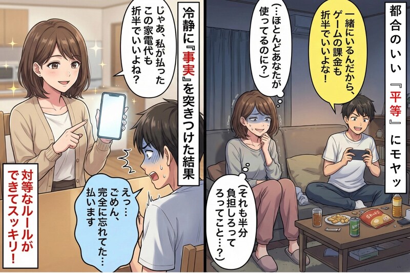 彼の「ゲームの課金代も折半ね」にモヤッ...。家電は全部私持ちだったので請求した結果