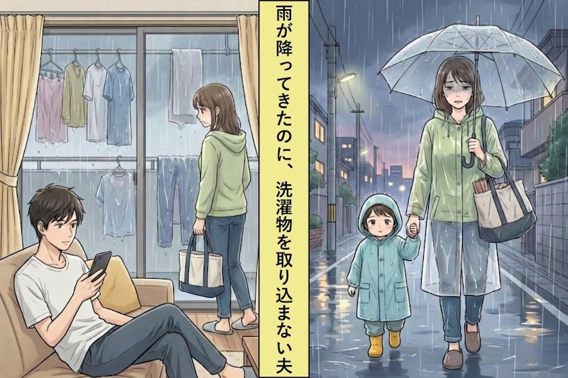 雨の日に子どものお迎え。帰宅後、外の洗濯物は干しっぱなし。私「なんで片付けてくれなかったの？」夫「家事はお前の仕事だろ」→その後私が取った行動で夫が急変した