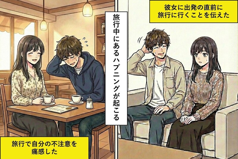 「友達も大事」１週間の旅行を彼女に伝え忘れてた俺→旅行当日、まさかの失敗をしてしまい、情けなさ全開