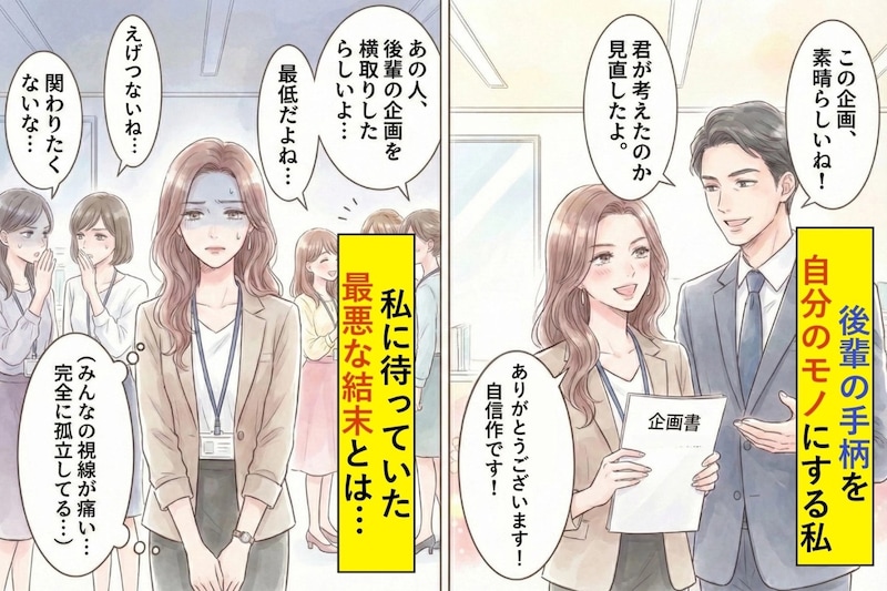 後輩の企画を自分の名前で出し続ける私。部長「これいいね、あなたらしい切り口だ」→その後の会議で後輩の一言により私の嘘が見事にバレた