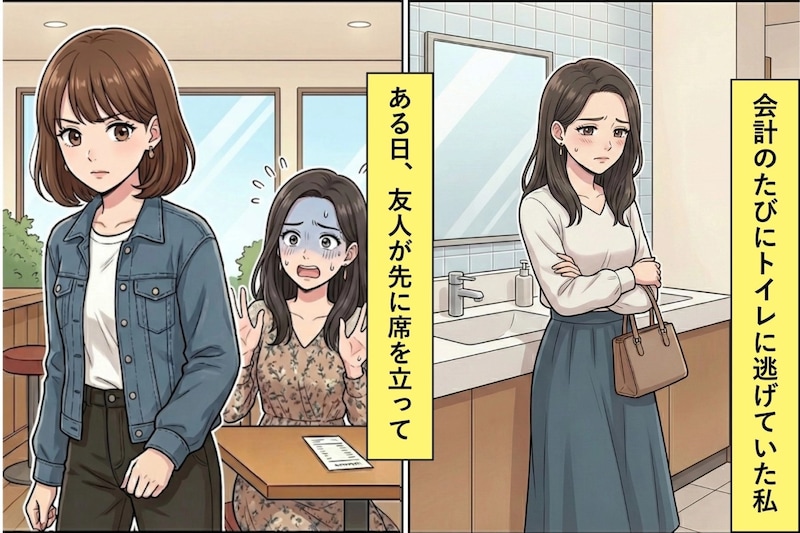 会計のたびにトイレに逃げて友人に払わせていた私→ある日、友人が会計時に席を立ち始めて