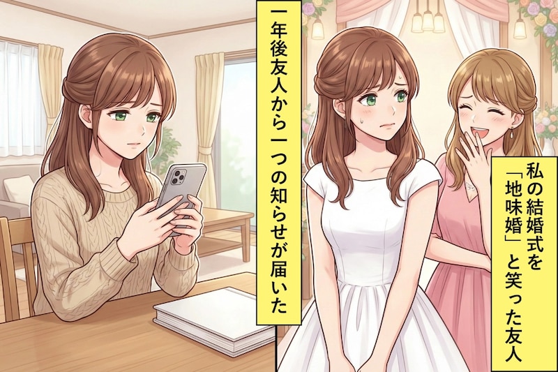 結婚式で友人から「地味婚」と揶揄されてモヤモヤ...一年後友人から一つの知らせが届いた