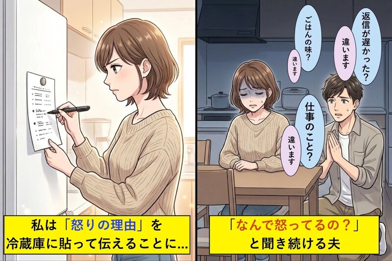 「なんで怒ってるの？」と聞き続ける夫→私は“怒りの理由”を冷蔵庫に貼って伝えることに...