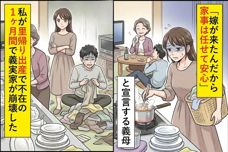 「嫁が来たんだから家事は任せて安心」と宣言する義母→里帰り出産で嫁が不在の間、義実家が崩壊した