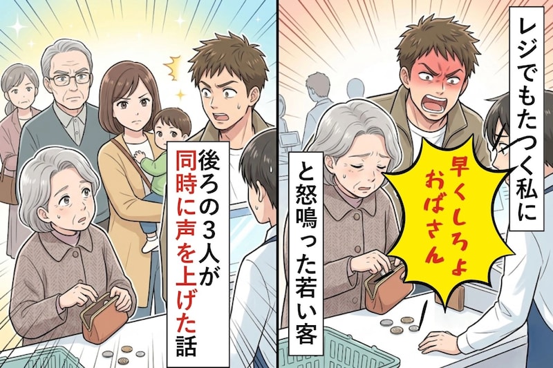 レジでもたつく私に「早くしろよおばさん」と怒鳴った若い客→後ろの３人が同時に声を上げた話
