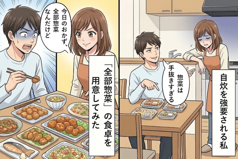 「惣菜は手抜きすぎる」共働きで自炊を強要してくる旦那→すべてのおかずを惣菜にしてみたら...
