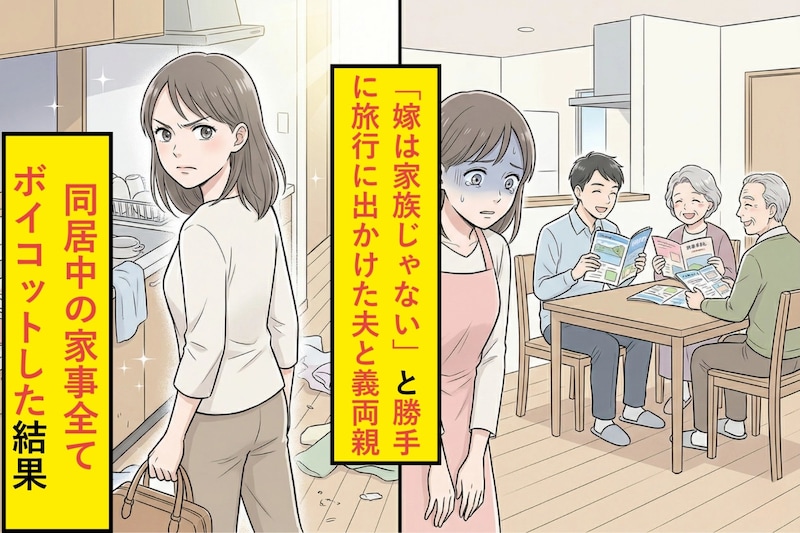 「嫁は家族じゃない」と勝手に旅行に出かけた夫と義両親→同居中の家事全てボイコットした結果