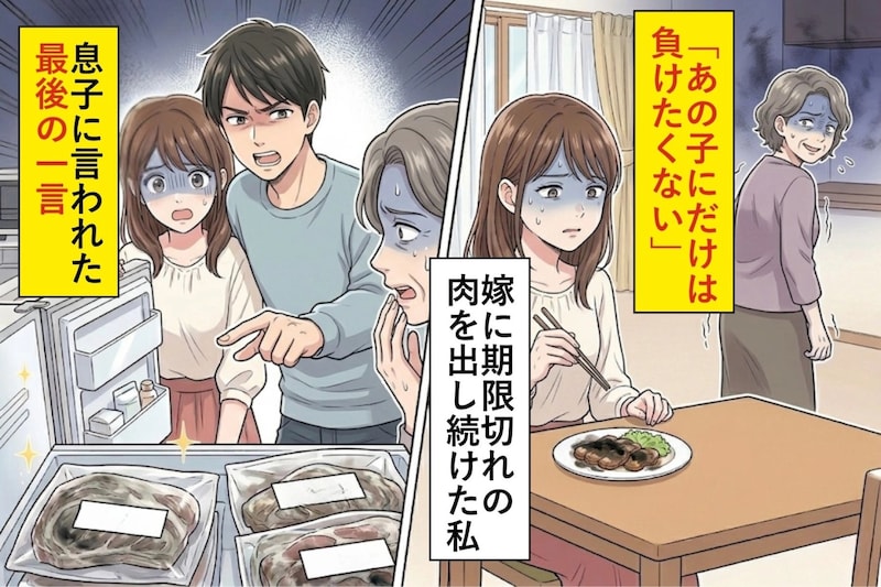 「あの子にだけは負けたくない」嫁に期限切れの肉を出し続けた私→息子に言われた最後の一言