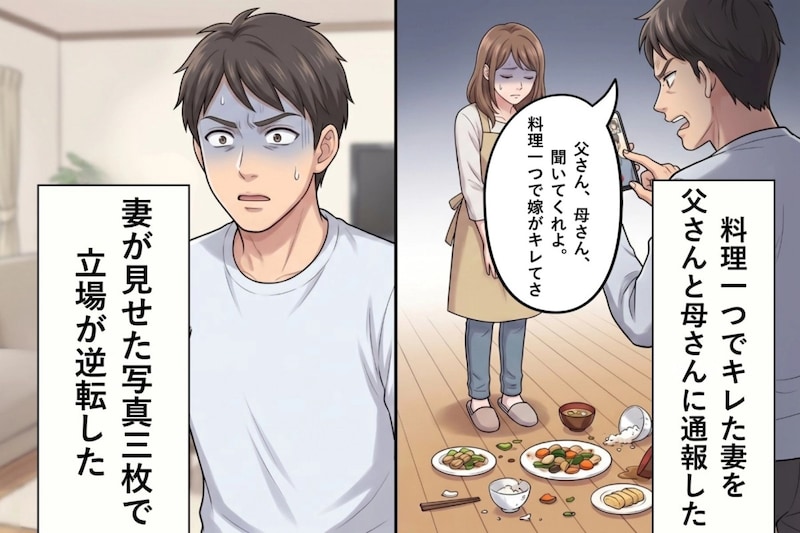 料理一つでキレた妻を父さんと母さんに通報した俺→妻が見せた写真3枚で立場が逆転した話