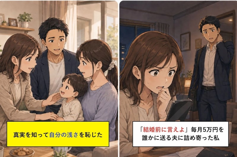 「結婚前に言えよ」毎月5万円を誰かに送る夫に詰め寄った私→真実を知って自分の浅さを恥じた話