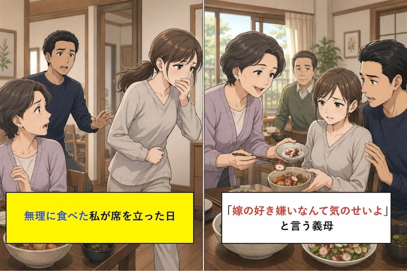 「嫁の好き嫌いなんて気のせいよ」と義母→無理に食べた私が席を立った日