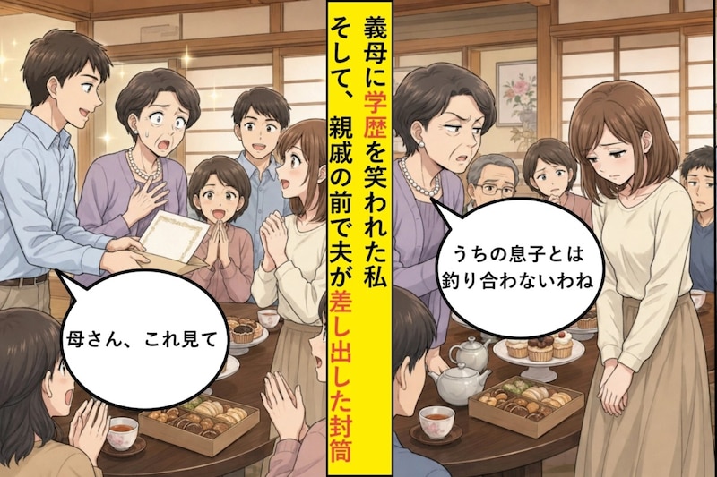 「うちの息子とは釣り合わないわね」義母に学歴を笑われた私→そして、親戚の前で夫が差し出した封筒