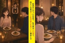 記念日に彼が予約したお店。私の席は入口側で、向かいの彼はずっと私の後ろを見ていました