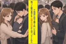 不機嫌な顔で振り向いた女性が、抱っこ紐の息子を人混みの圧から守ってくれた