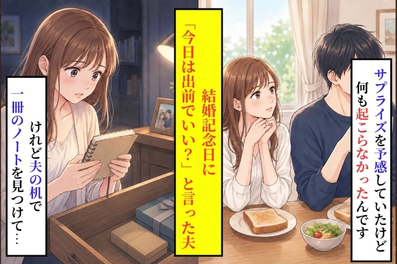 結婚5年目の記念日、「今日は出前でいい？」と言った夫の机で見つけた1冊のノート