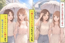 友人の日傘を自分のもののように使っていた私→ショーウインドーに映った友人の左肩