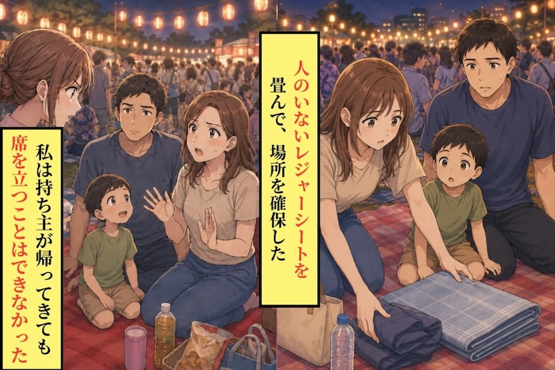 人のいないレジャーシートを勝手に畳んだ私→持ち主に言われても、席を立てなかった理由