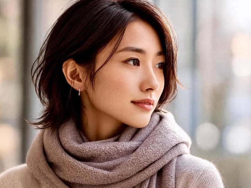マフラーの日も“こなれ見え”。冬の大人ショートヘアは後れ毛とくびれで立体感をつくるのが正解