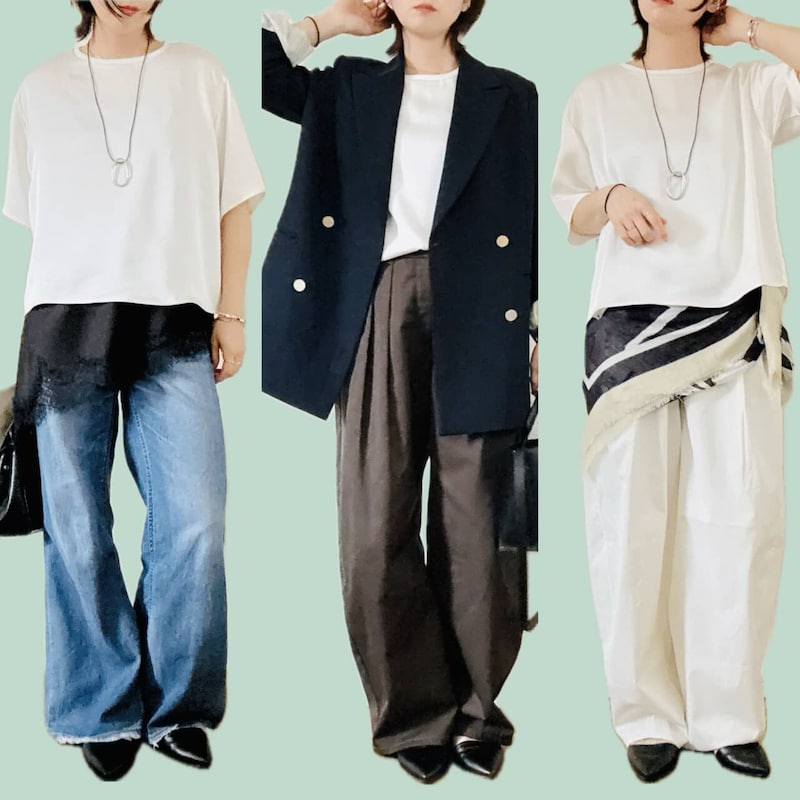 Tシャツ感覚なのに手抜きに見えない。40代コーデが一気にアカ抜ける【ユニクロ：シー】のサテンブラウス