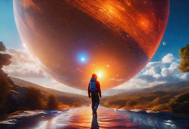 自分探しの旅、巨大惑星に向かって歩く人物 109782945