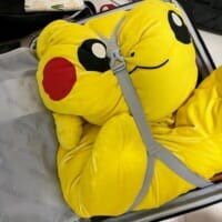 スーツケースに押し込まれた特大ピカチュウぬいぐるみ　かわいそうだけどかわいい？