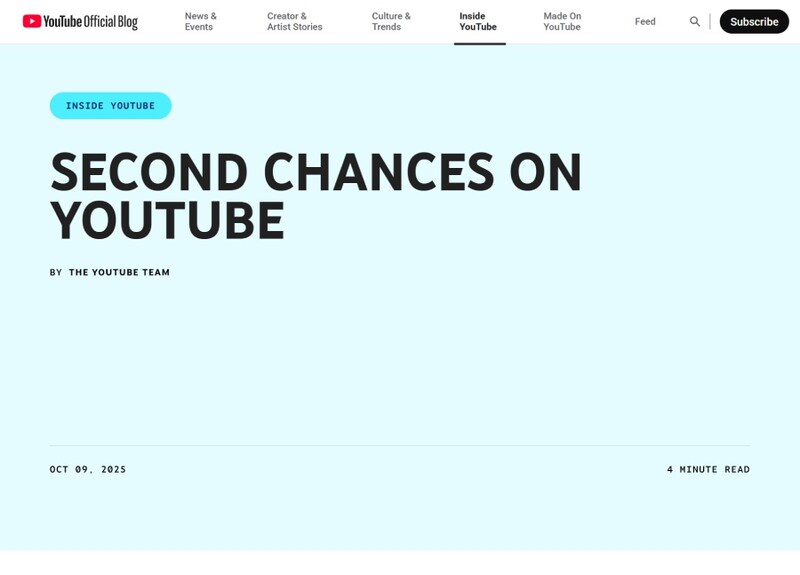 YouTube、永久停止クリエイターに「再出発の機会」　新チャンネル申請を可能にする試験導入を発表