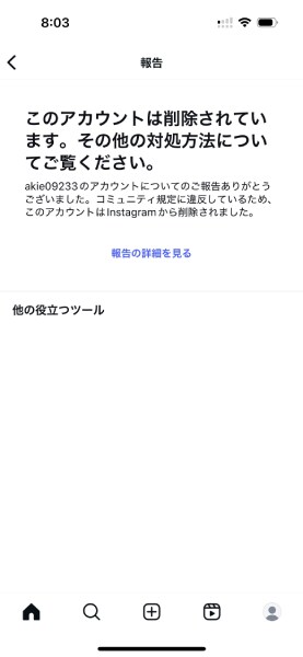 偽アカウントはInstagramの規約違反で削除されたことが発覚