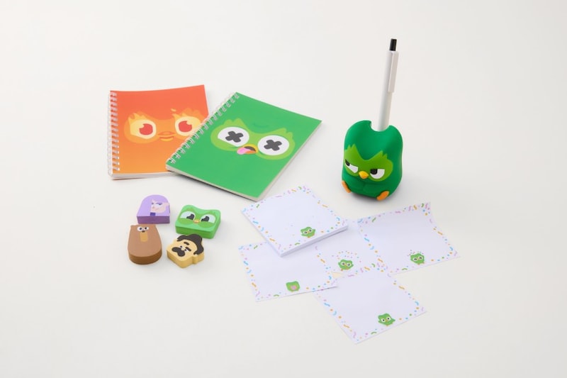 Duolingoおなじみのキャラクターたちがデザインされたグッズ