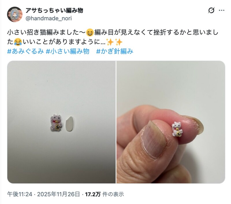 どうやって編むの……？人の手が成し遂げた“米粒大の編みぐるみ”がすごすぎる