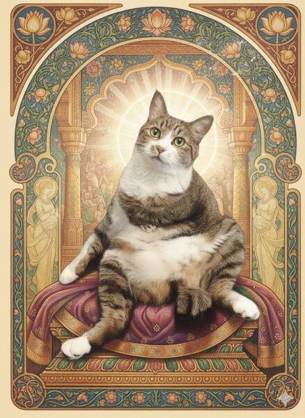 姉から送られてきた「愛猫の謎宗教画」が神々しすぎる　新たな神の誕生に「入信します」の声続出