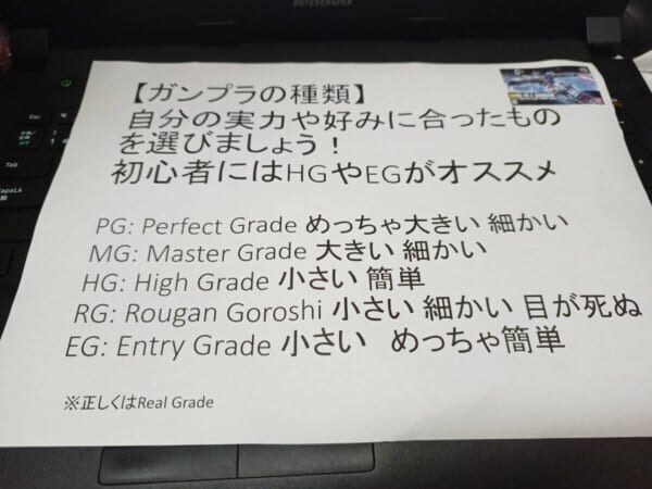 ガンプラの「RG」は“Rougan Goroshi”の略？模型店の店頭POPが「真理をついている」と話題