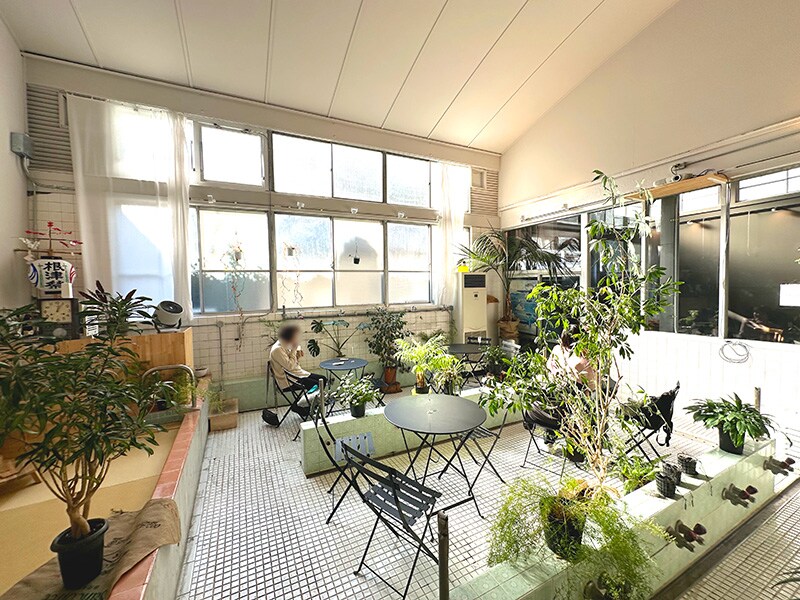 浴室だった場所をそのまま活かした「MATCHA＆ESPRESSO MIYANO-YU」の店内。陽射しの降り注ぐ開放的な空間でカフェを楽しめる
