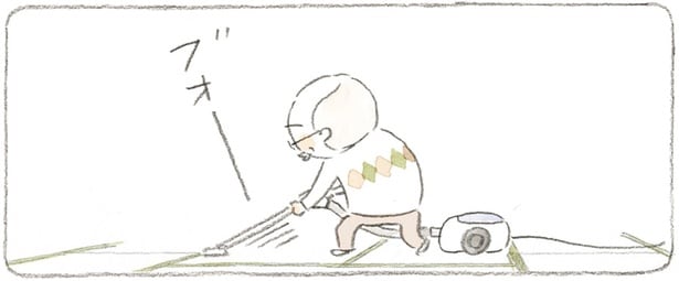 猫の気ままさには敵わない?朝の掃除に励むじいちゃん