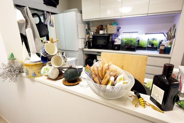 【BEFORE】キッチンカウンターにあれこれ置いて視界も見栄えも悪い……(AFTER画像は次へ)