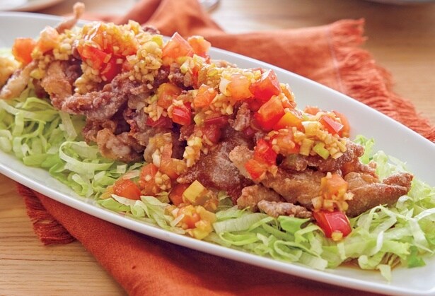 カリカリ豚のねぎトマトだれ